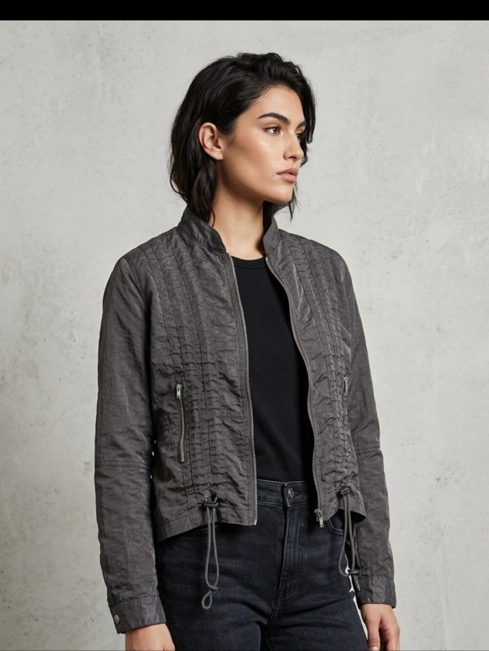 Vintage Miss Me Faded Gray Quilted Bomber Jacket